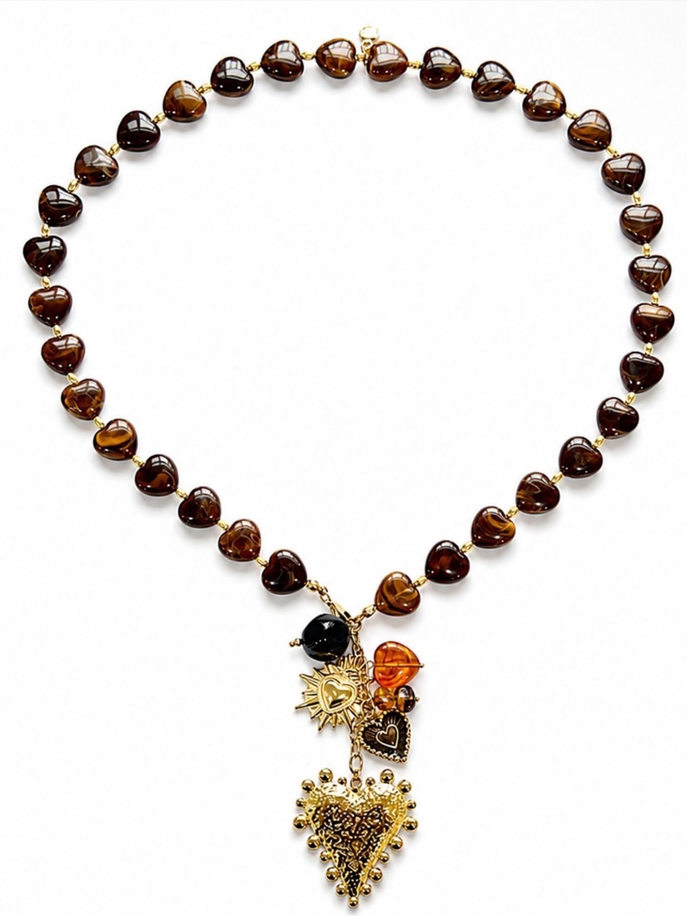 Gold-Accent Brown Heart Bead Necklace with Decorative Charm Drop